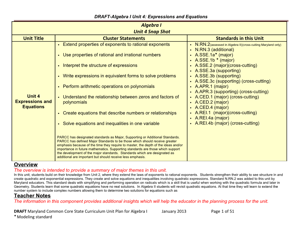 DRAFT-Algebra I Unit 4: Expressions and Equations