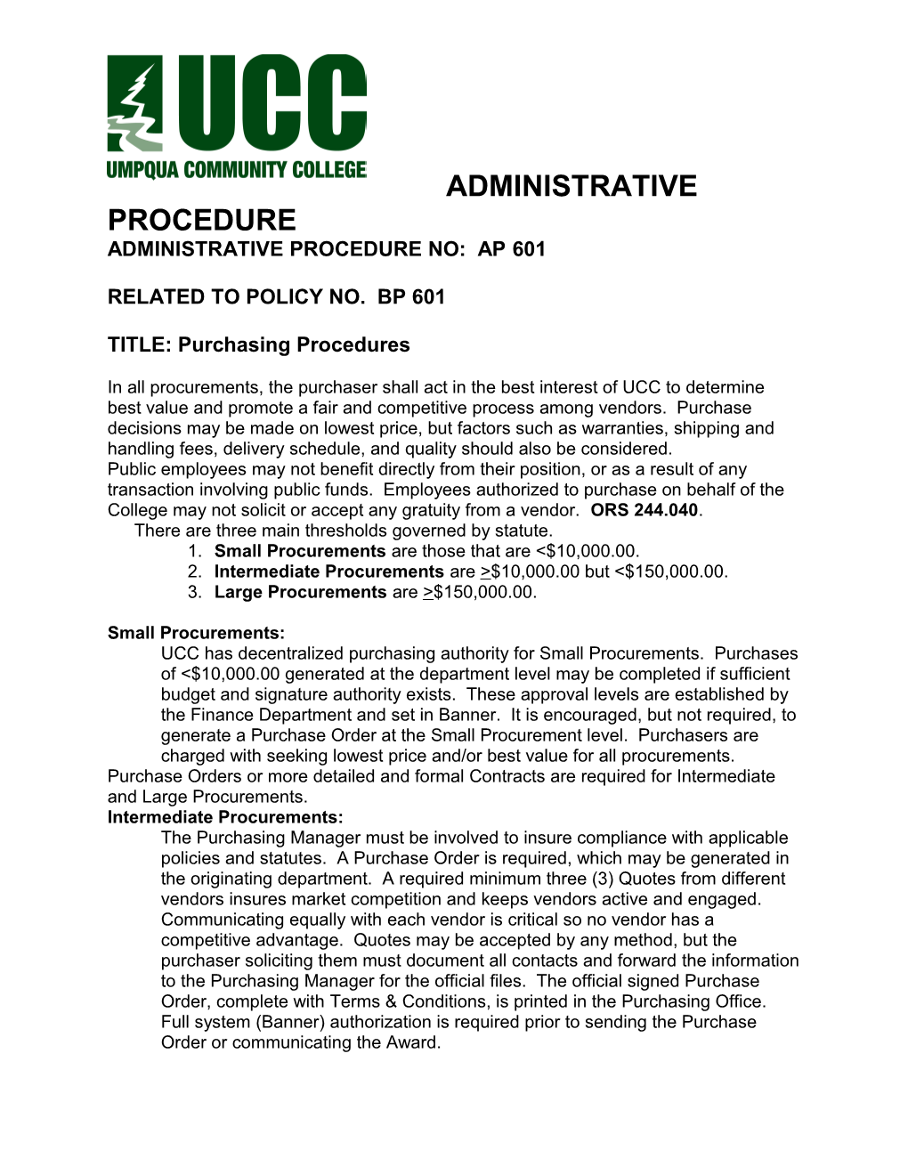 Administrative Procedure No: Ap 601