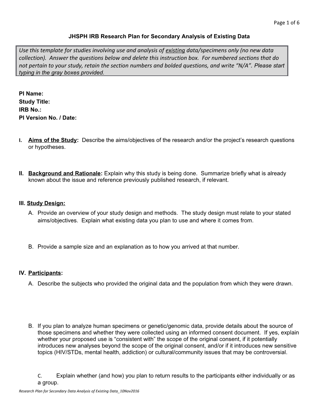 JHSPH IRB Research Plan for Secondary Analysis of Existing Data