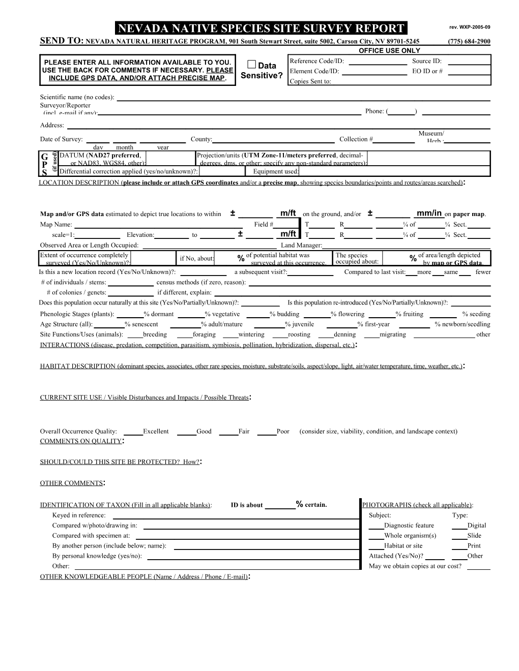 Nevada Native Species Site Survey Report (Word XP/97)