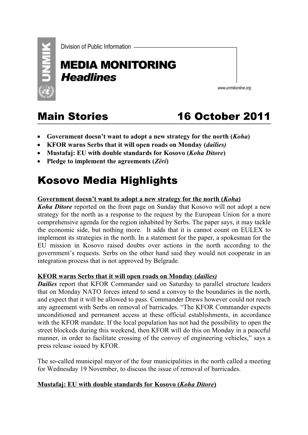 Main Stories 16October 2011