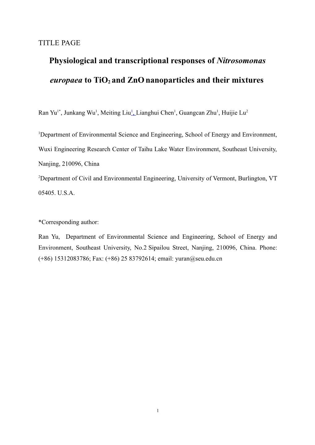 Physiological and Transcriptional Responses of Nitrosomonas Europaea to Tio2and