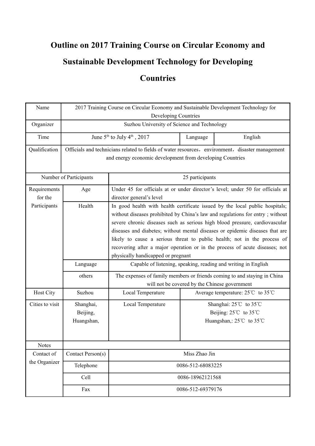 Outline on 2017 Training Course on Circular Economy and Sustainable Development Technology