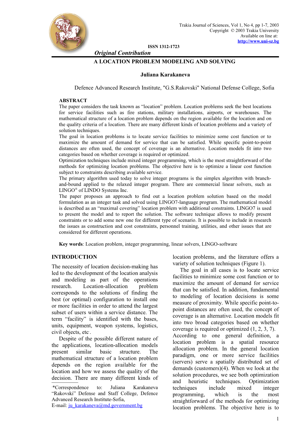 Trakia Journal of Sciences, Vol 1, No 4, Pp 1-7, 2003