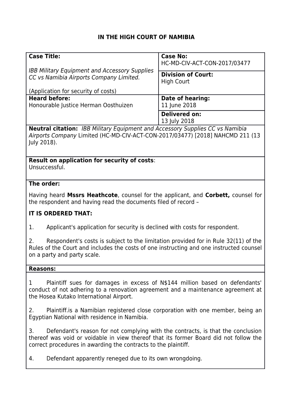 IBB Military Equipment V Namibia Airports Company