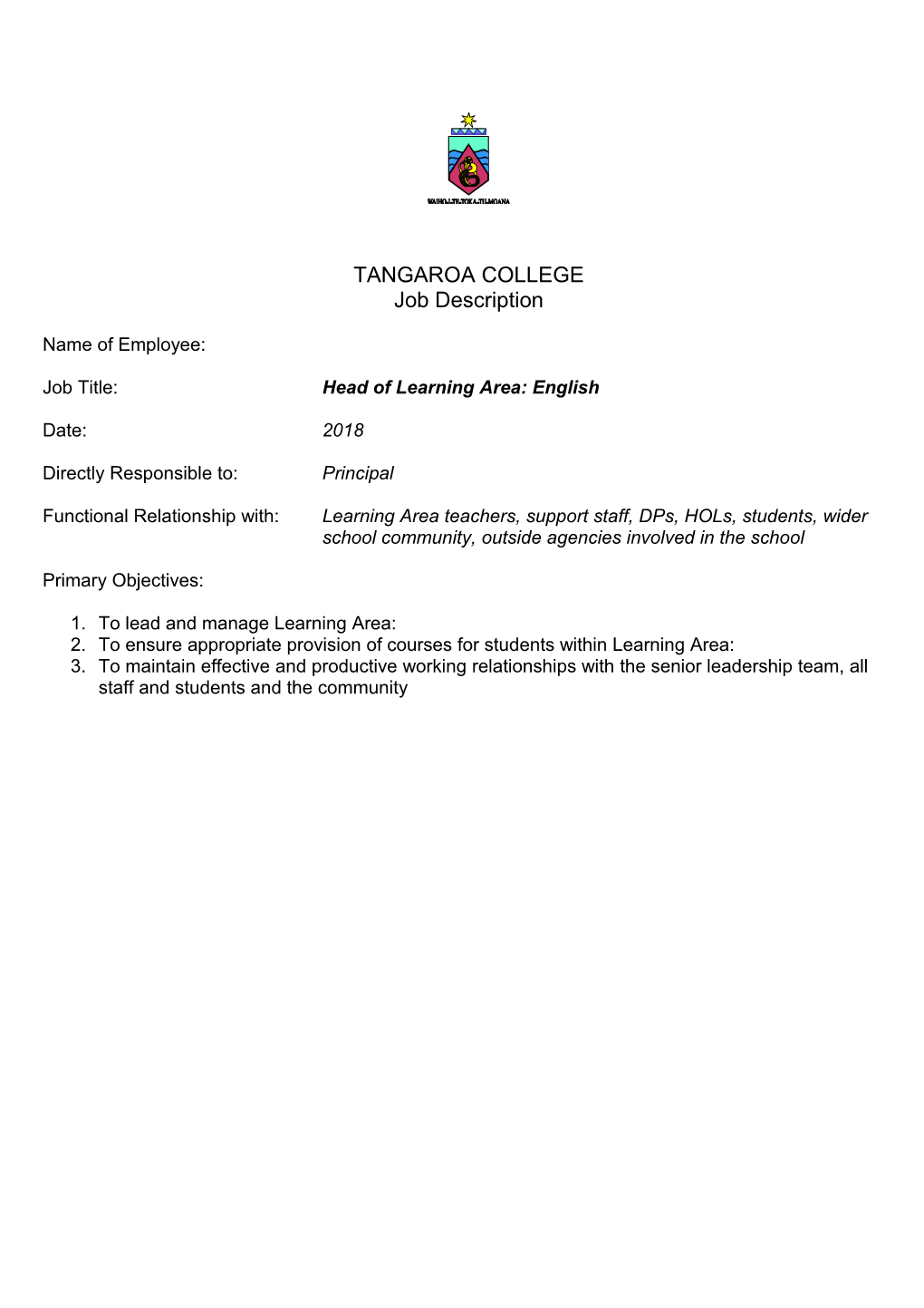 Job Title: Head of Learning Area: English