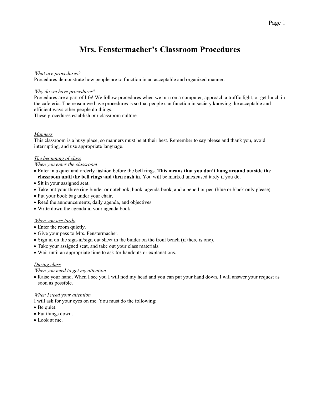 Mrs. Fenstermacher S Classroom Procedures