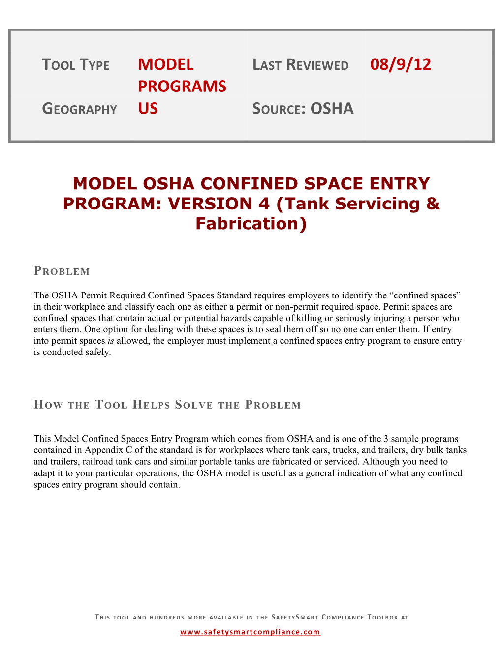 MODEL OSHA CONFINED SPACE ENTRY PROGRAM: VERSION 4 (Tank Servicing & Fabrication)