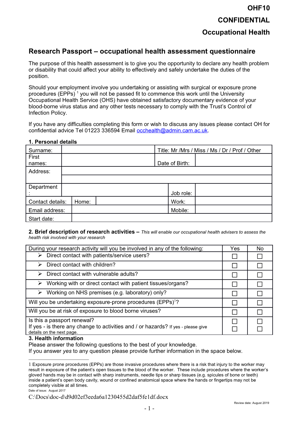 Research Passport Occupational Health Questionnaire