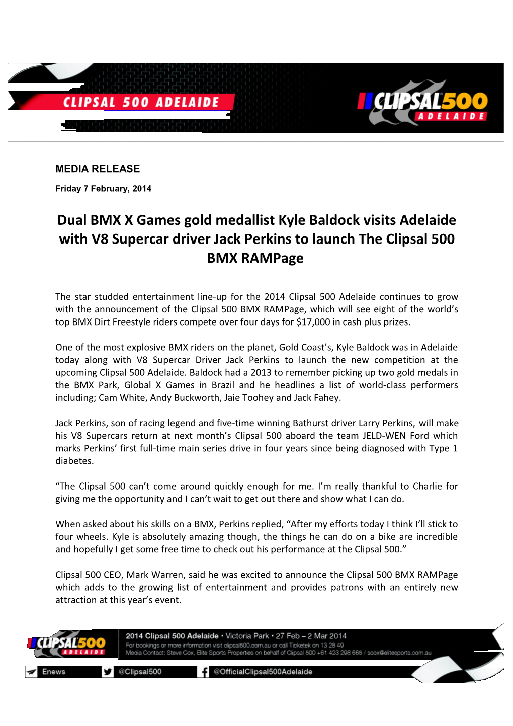 Dual BMX X Games Gold Medallist Kyle Baldock Visits Adelaide with V8 Supercar Driver Jack
