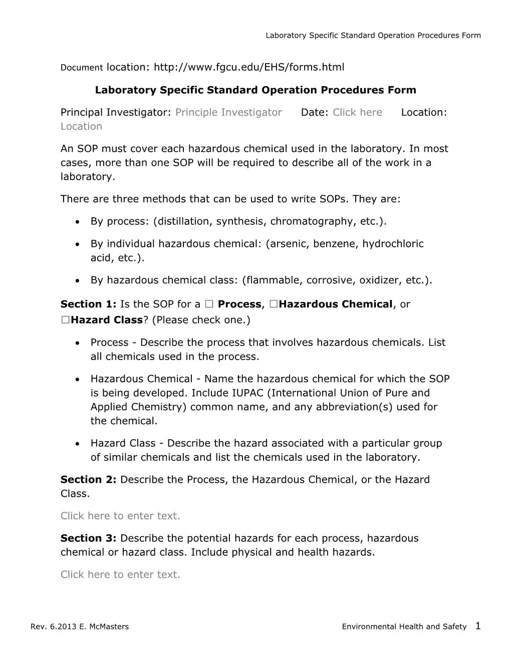Laboratory Specific Standard Operation Procedures Form