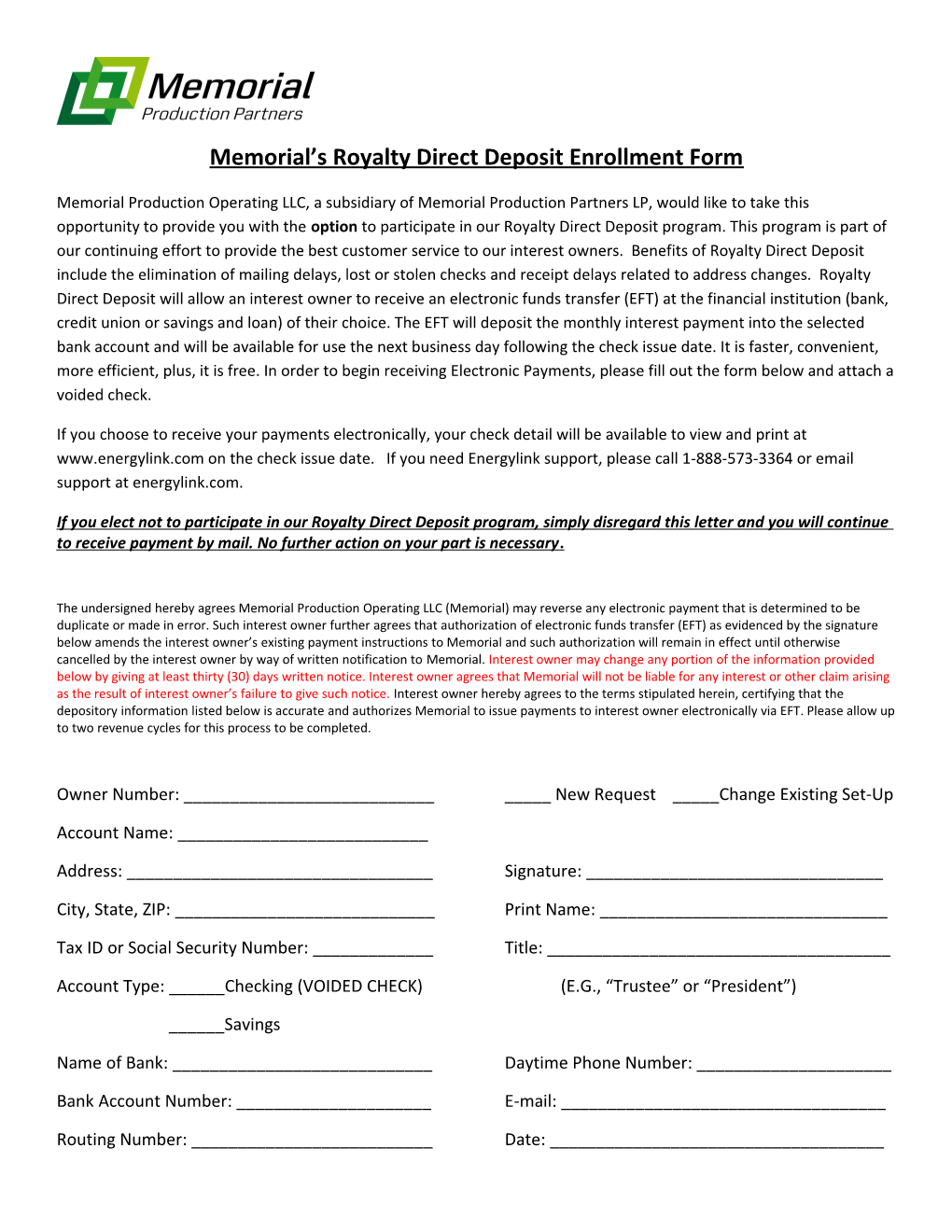 Memorial S Royalty Direct Deposit Enrollment Form