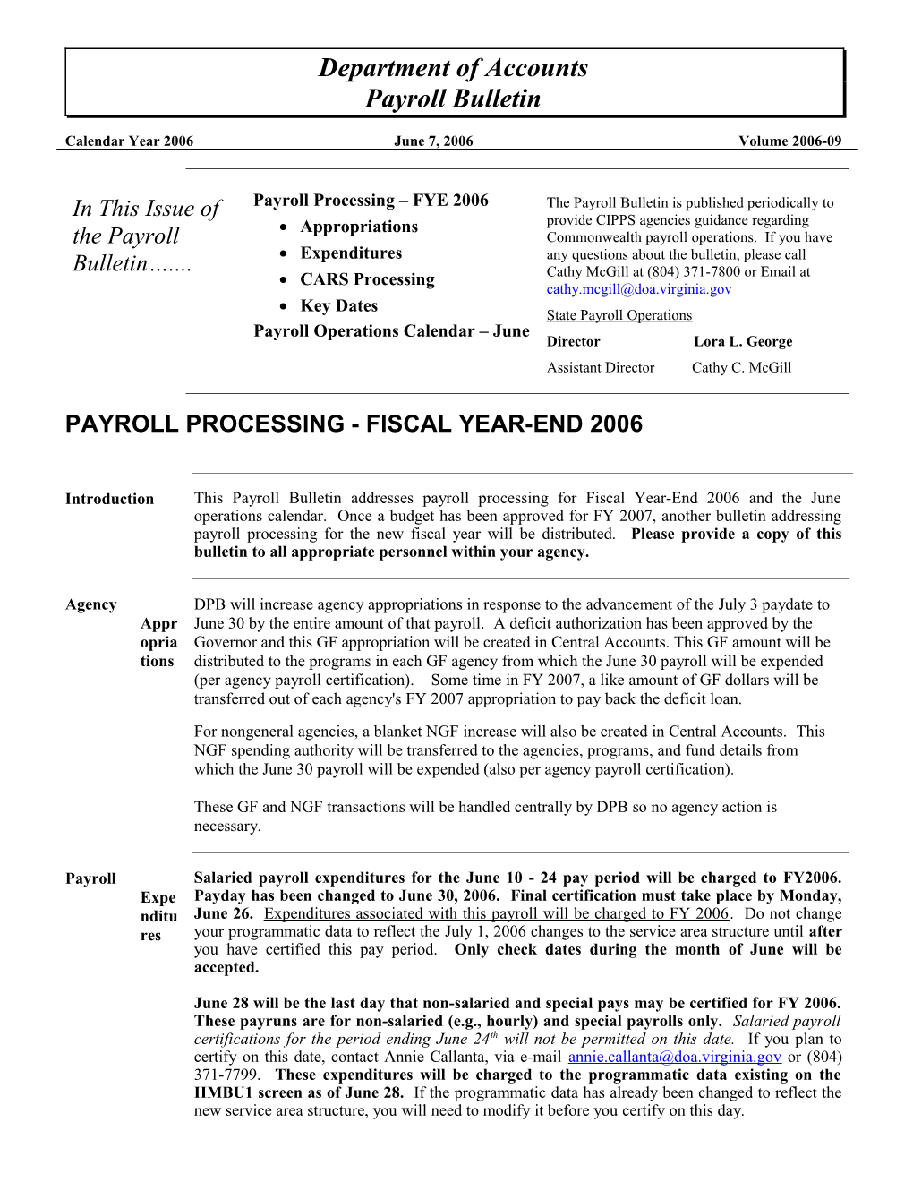 Payroll Bulletin, Volume 2006-09