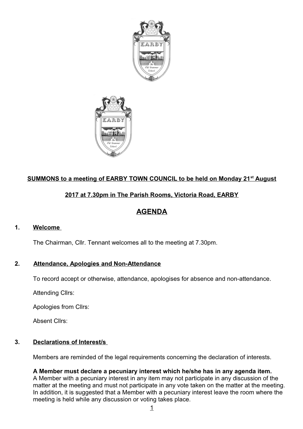 SUMMONS to a Meeting of EARBY TOWN COUNCIL to Be Held on Monday 21St August