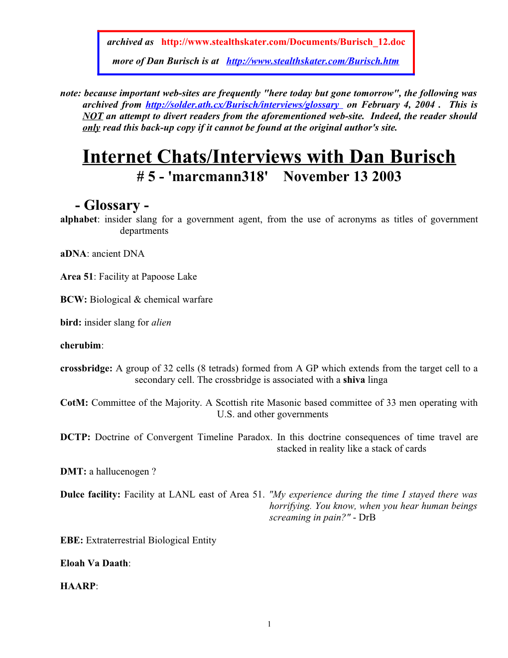 Internet Chats/Interviews with Dan Burisch