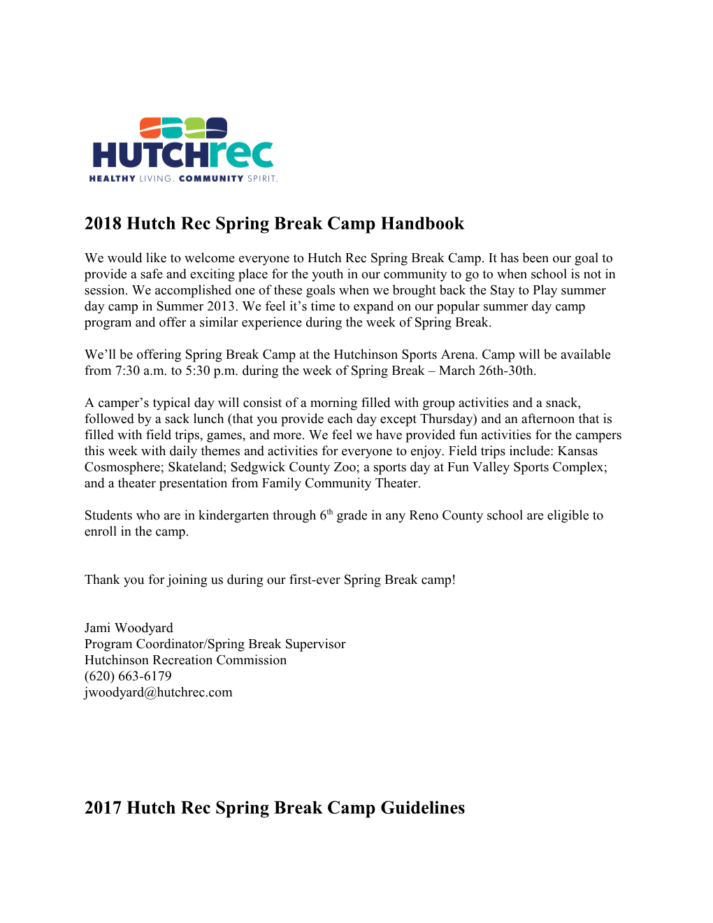 2018 Hutch Rec Spring Breakcamp Handbook