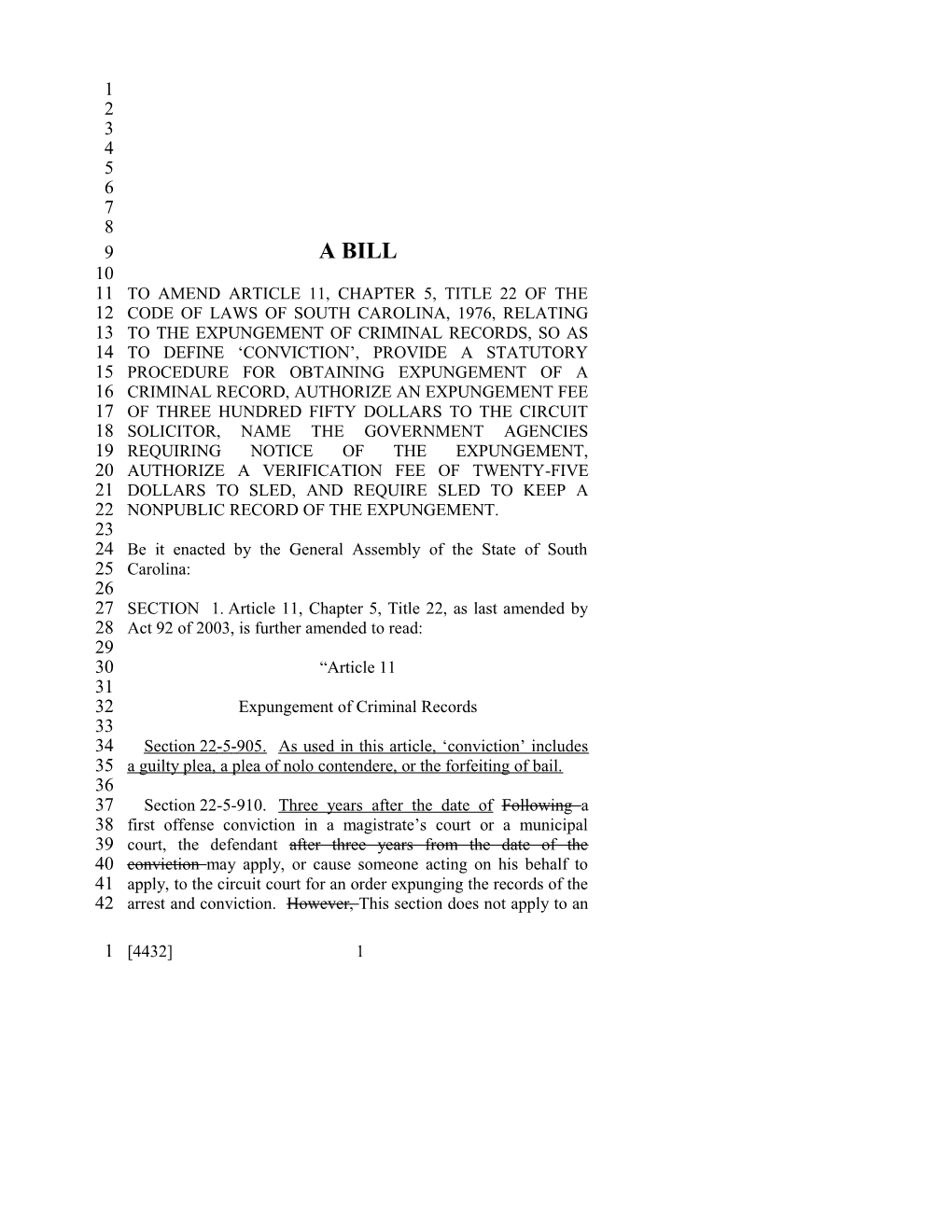 2003-2004 Bill 4432: Criminal Conviction Expungement Provisions - South Carolina Legislature