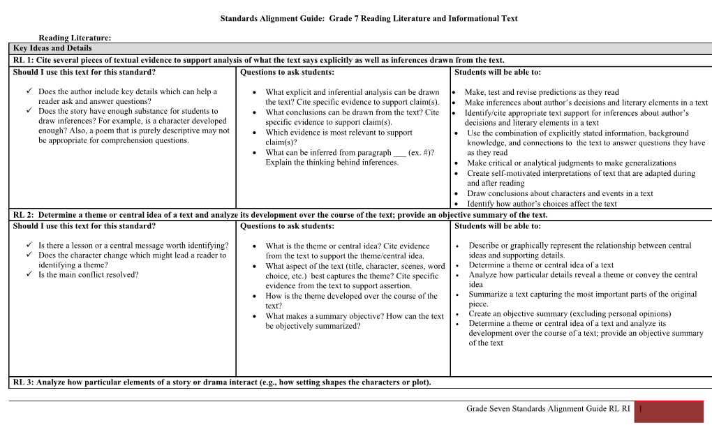Standards Alignment Guide: Grade7 Reading Literature and Informational Text