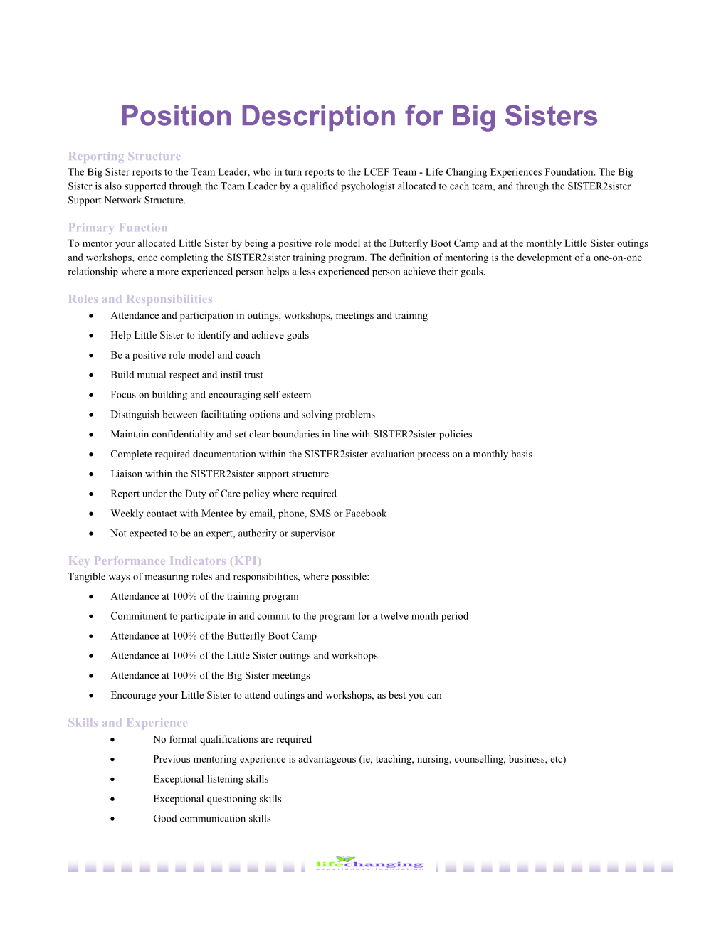 Position Description for Big Sisters