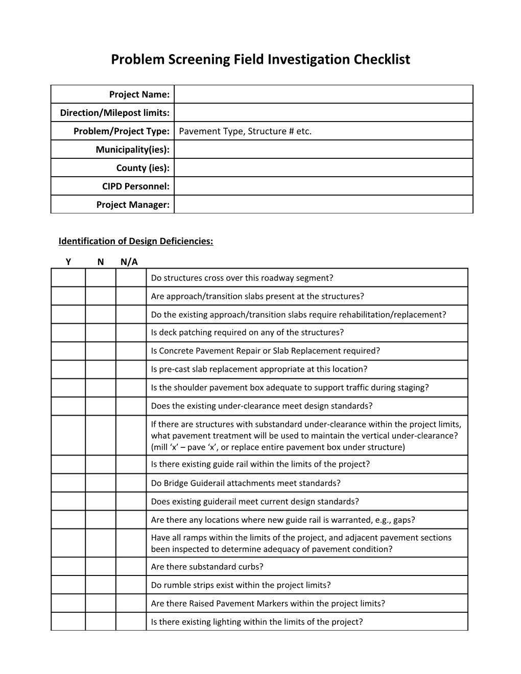 Problem Screening Field Investigation Checklist