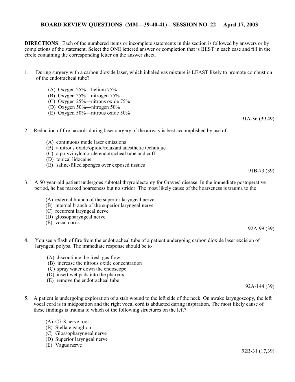 Board Review Questions (Mm 36-37-38) Session No