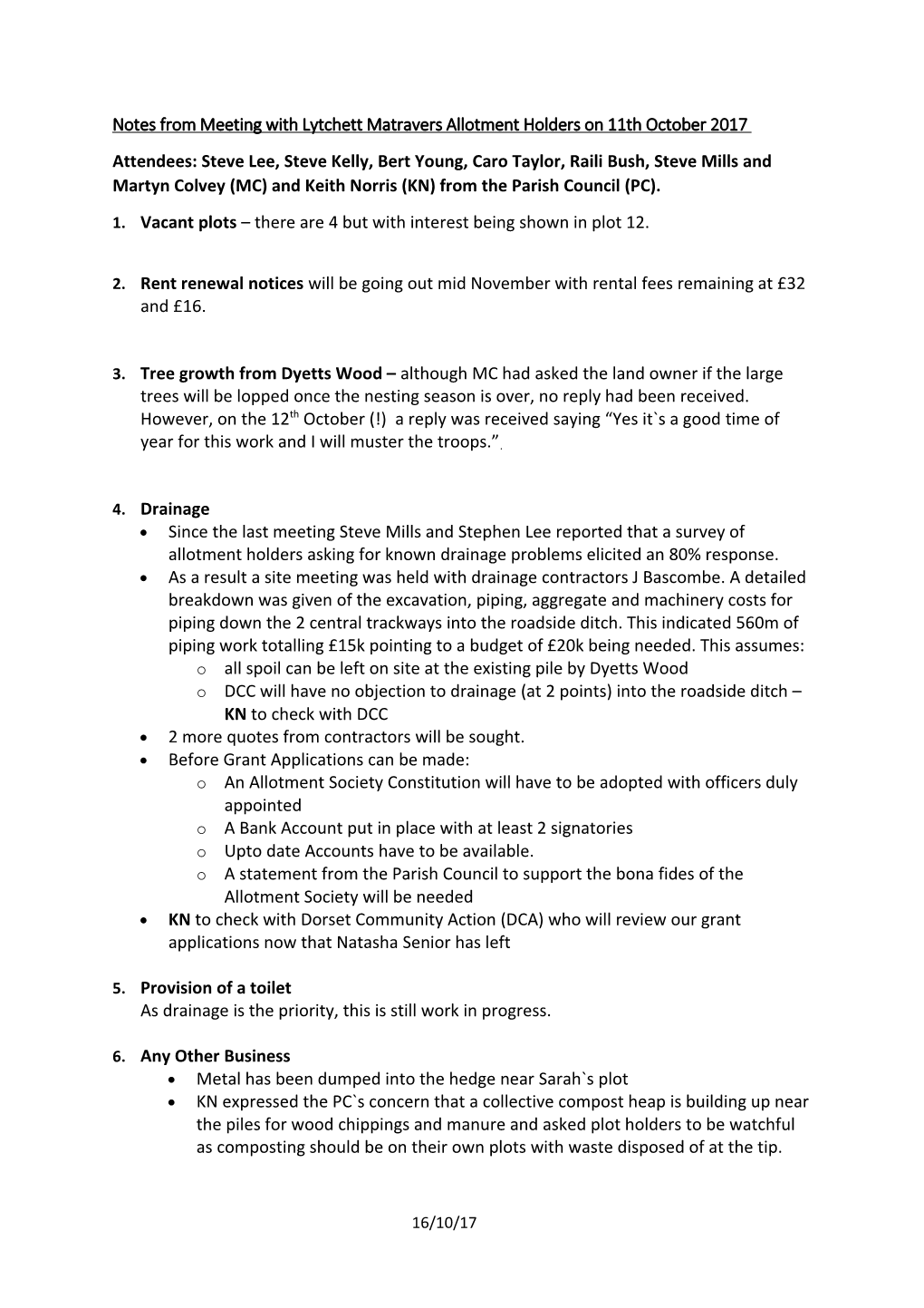 Notes from Meeting with Lytchett Matravers Allotment Holders on 11Thoctober 2017