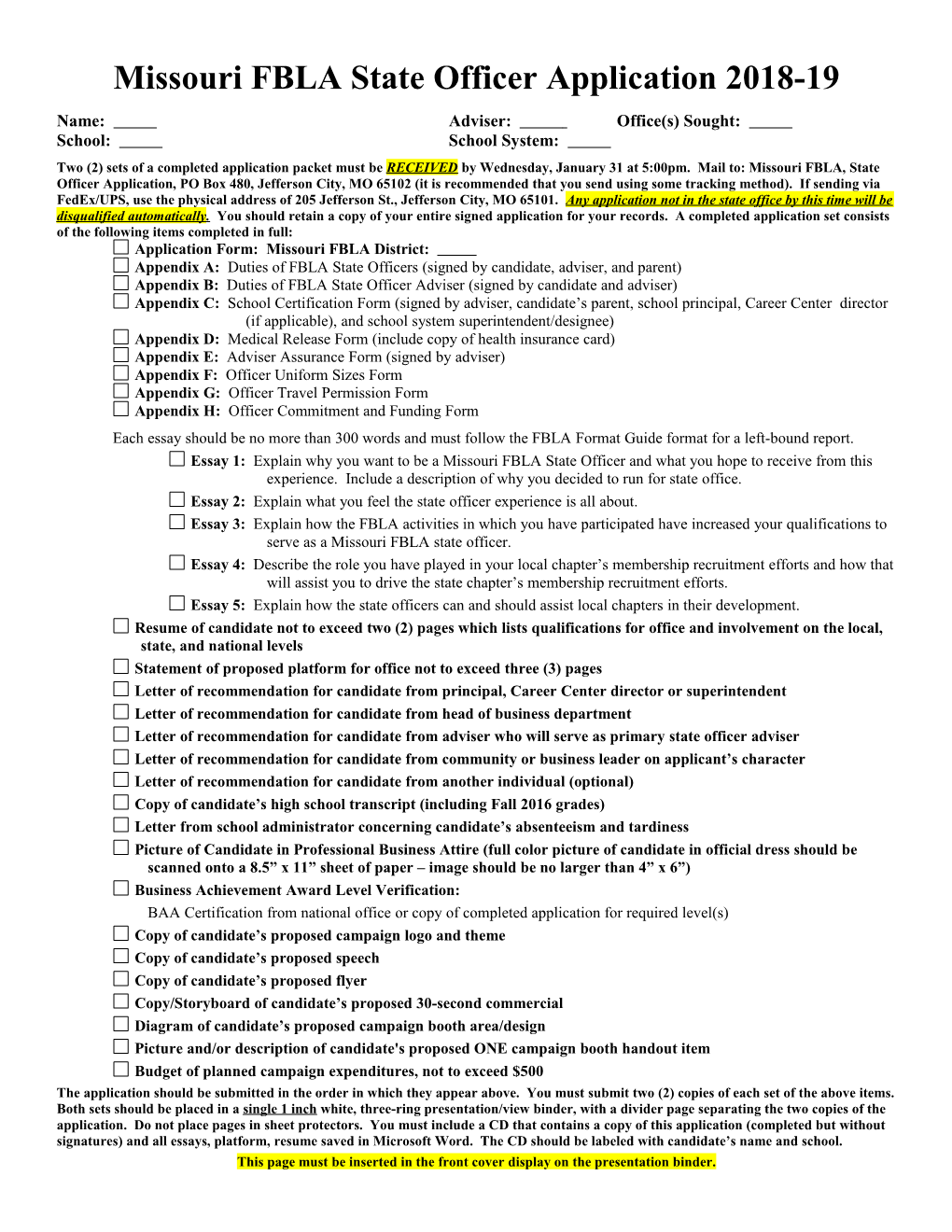 FBLA State Officer Application 2001-2002