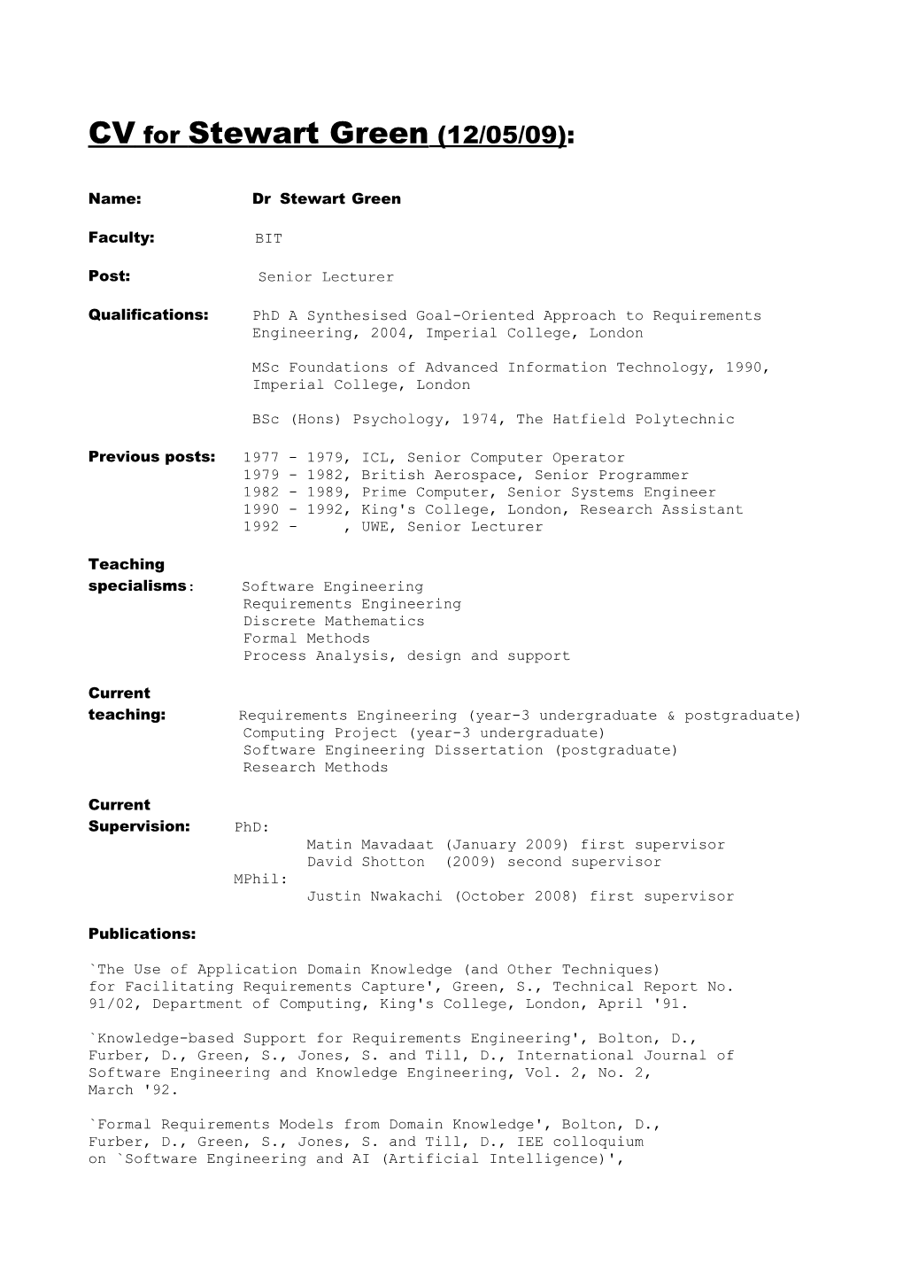 CV for Stewart Green (08/11/02)