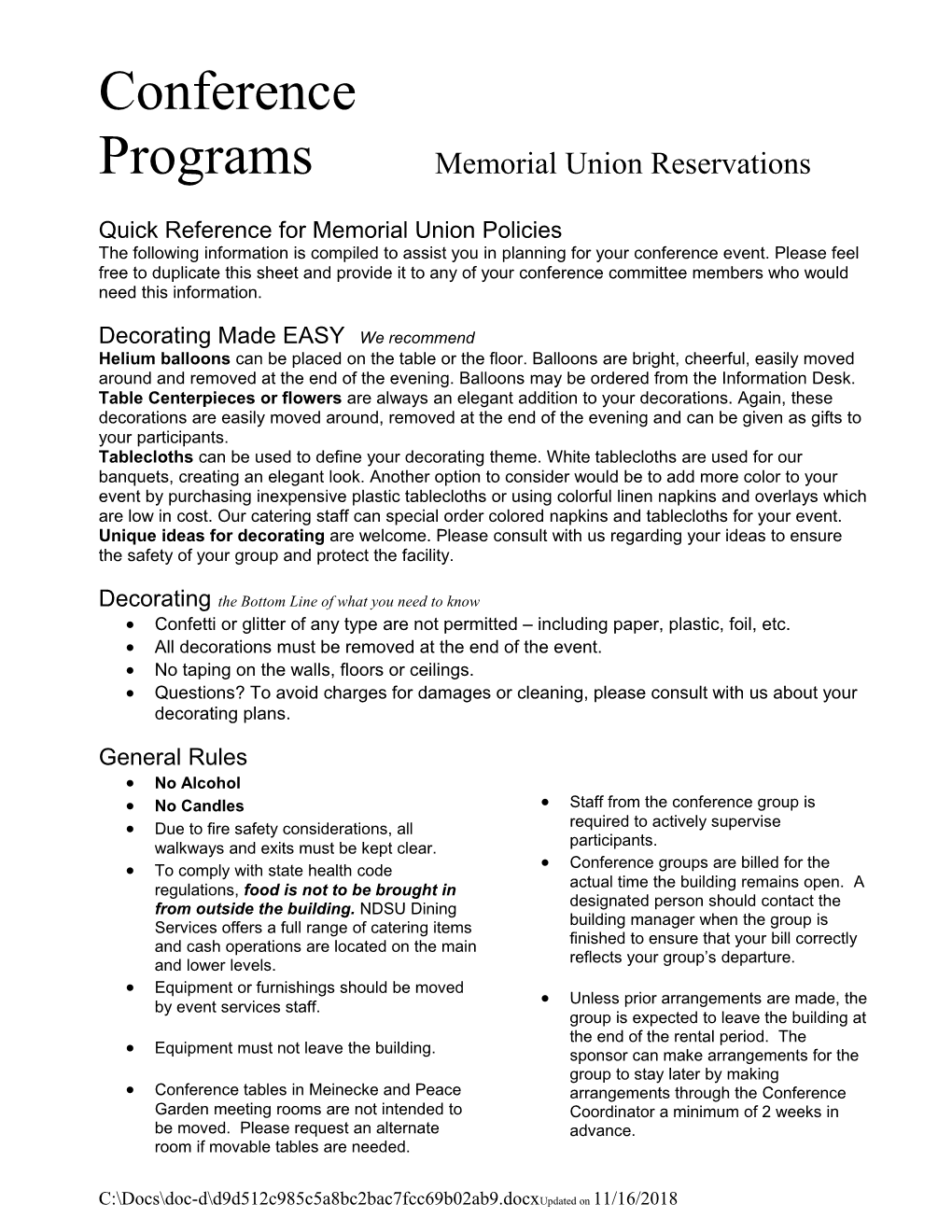 Memorial Union Policies for Conference Groups