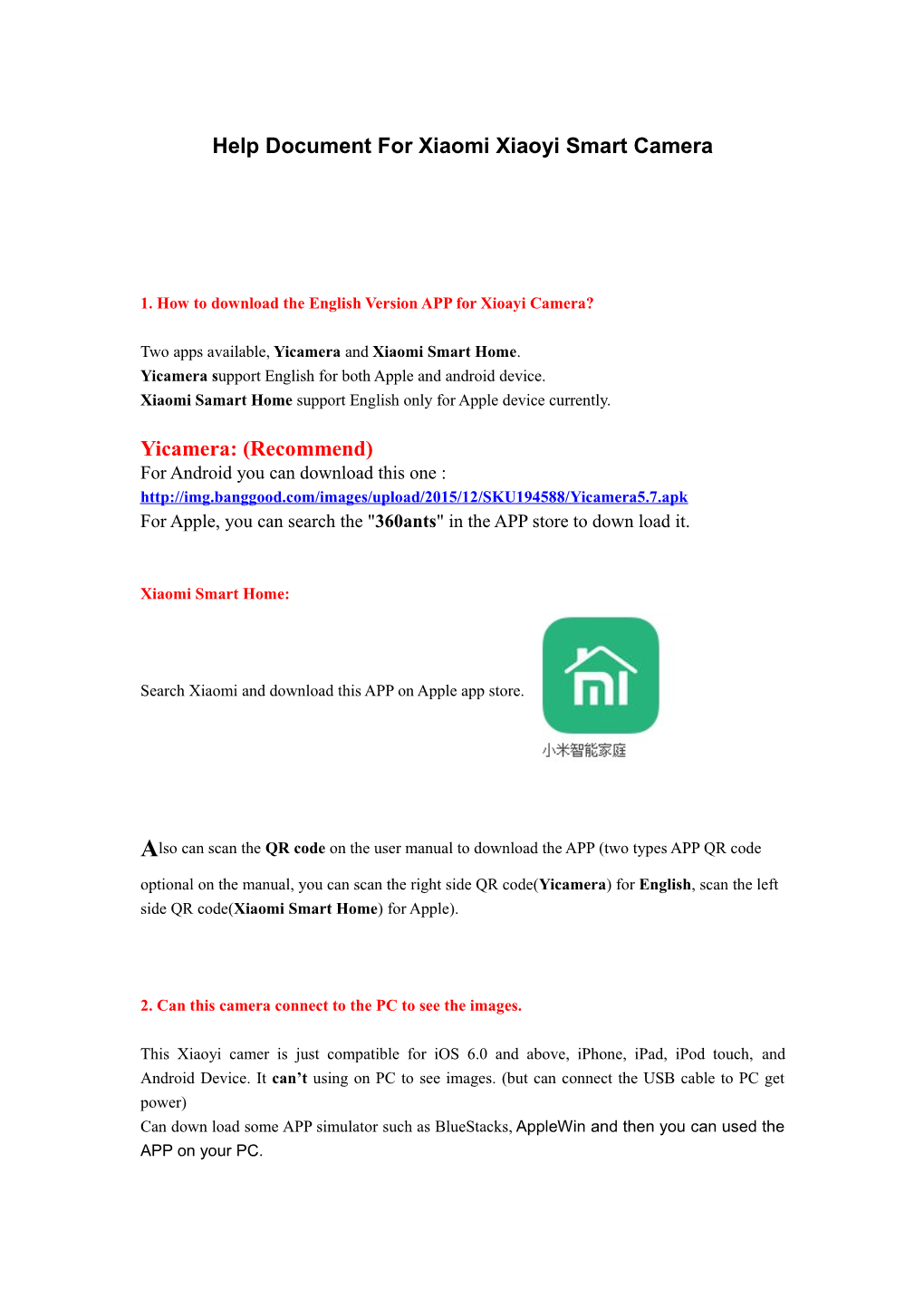 Help Document for Xiaomi Xiaoyi Smart Camera