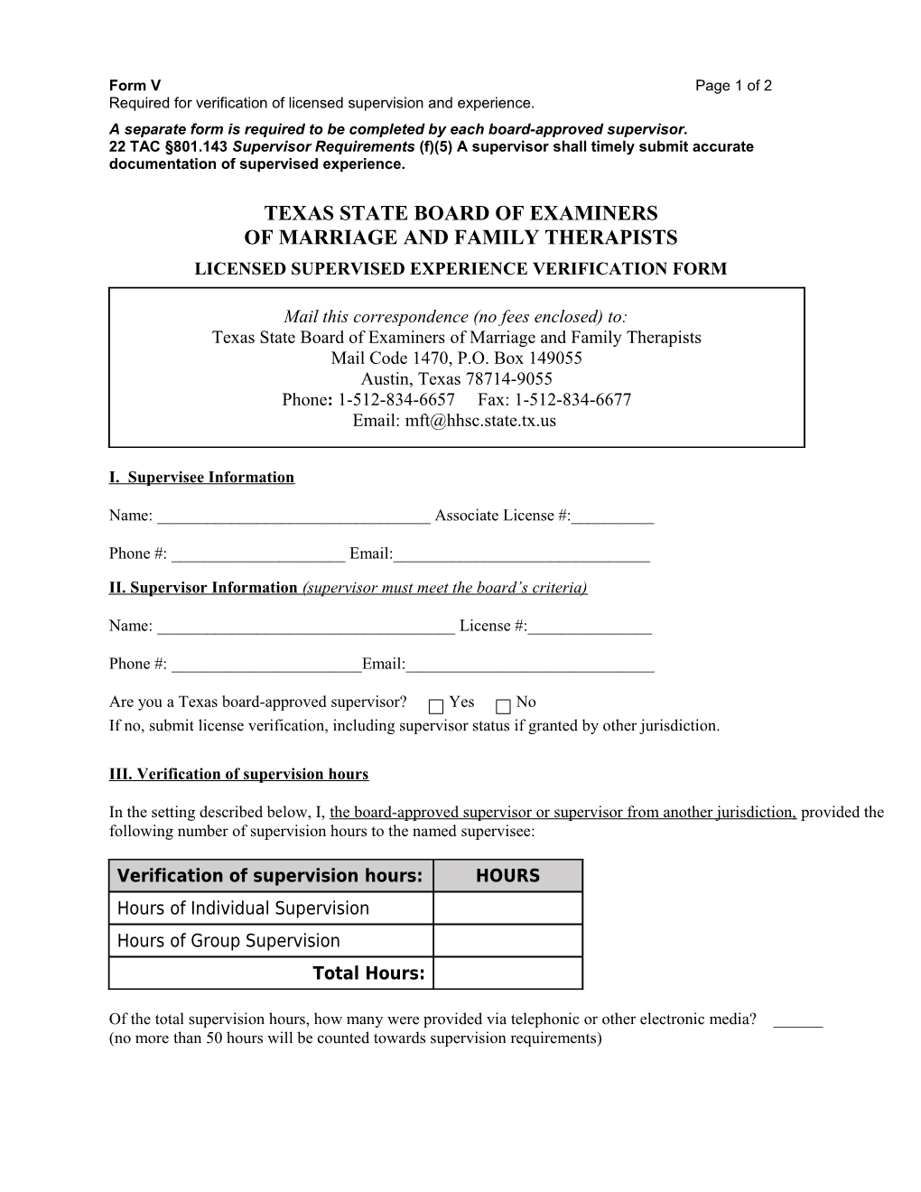 MFT Licensed Supervised Experience Verification Form