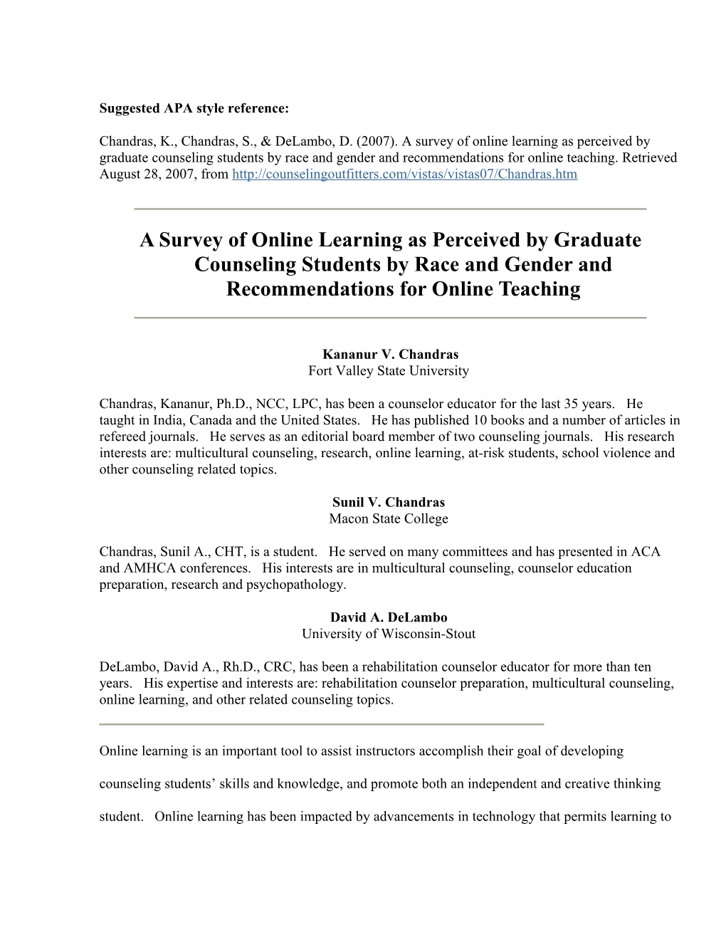A Survey of Online Learning As Perceived by Graduate Counseling Students by Race and Gender