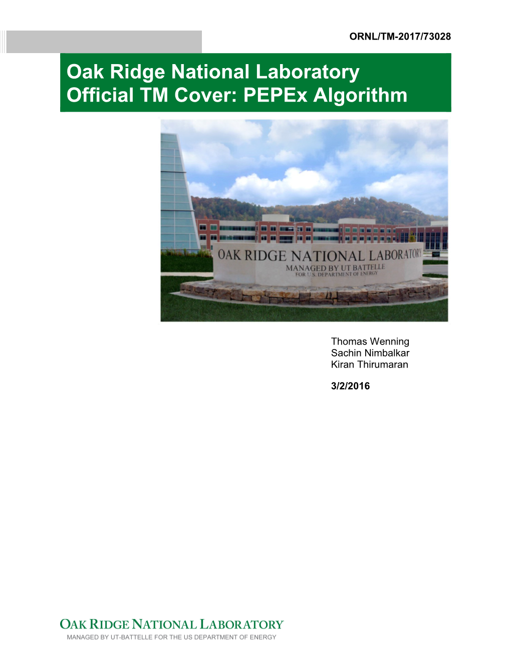 Oak Ridge National Laboratory Official TM Cover: Pepex Algorithm