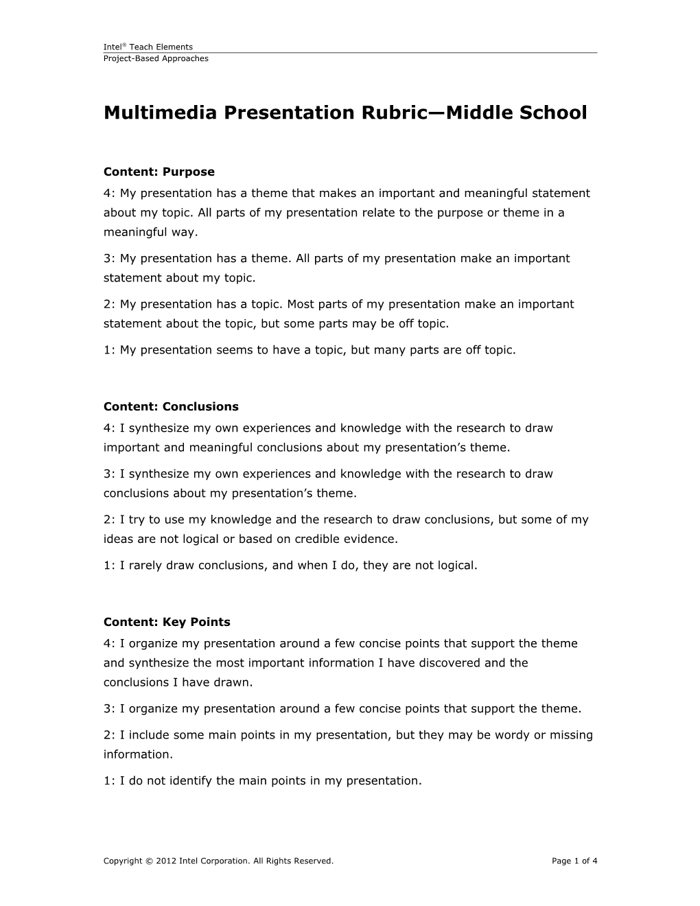 Multimedia Presentation Rubric Middle School