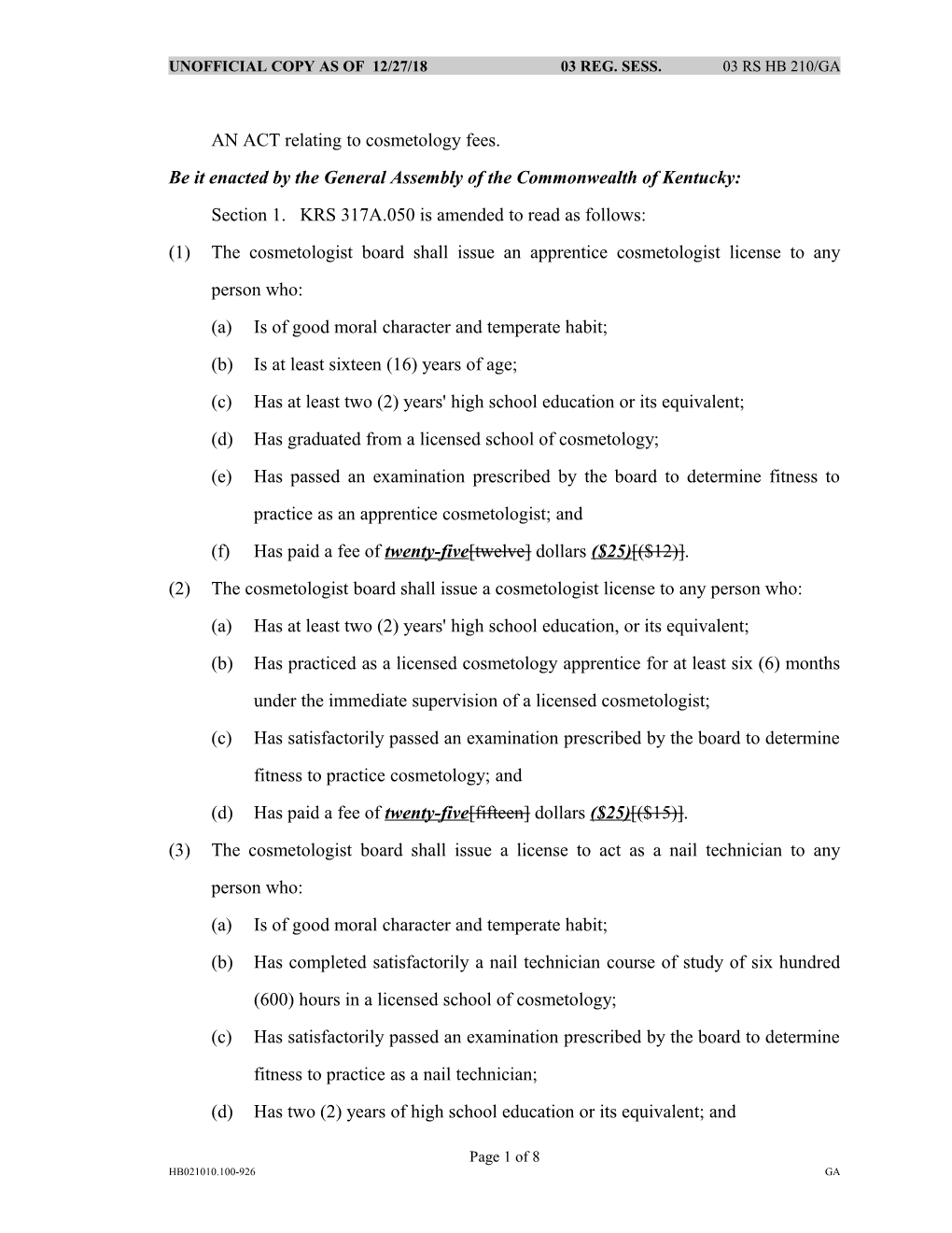 Unofficial Copy As of 01/01/1903 Reg. Sess. 03 Rs Hb 210/Ga