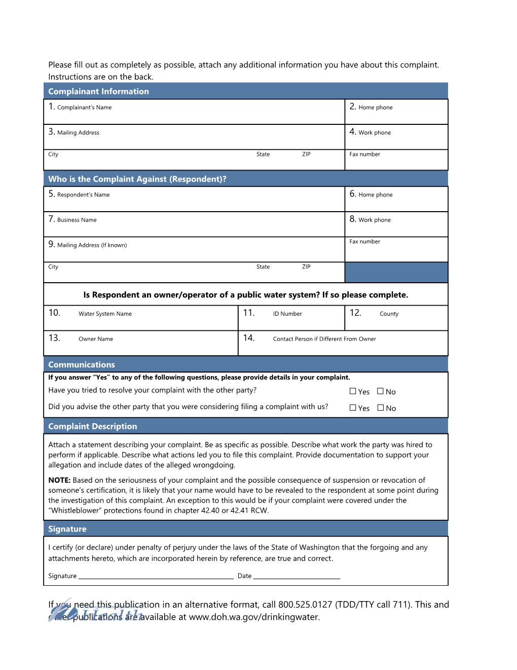 Certified Waterworks Operator Complaint Form
