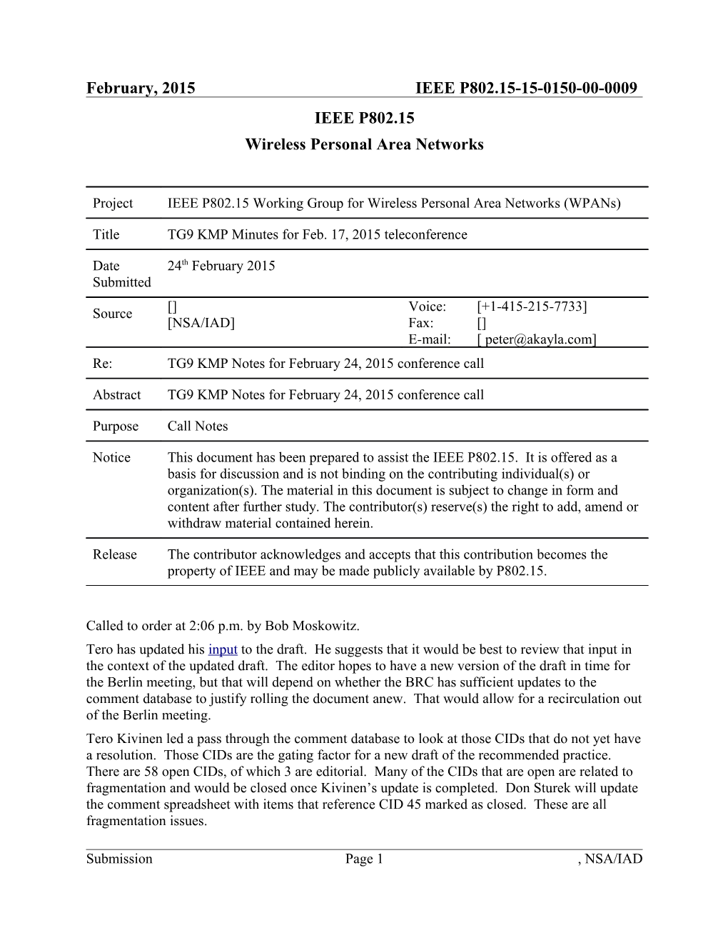 TG9 KMP Minutes for Feb. 17, 2015 Teleconference