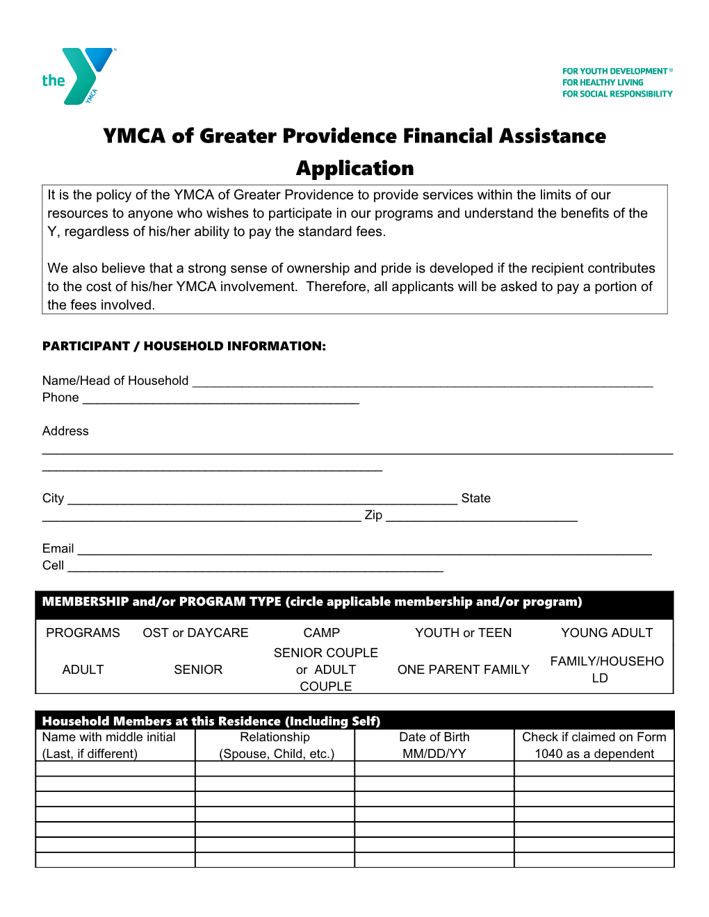 YMCA of Greater Providence Financial Assistance Application