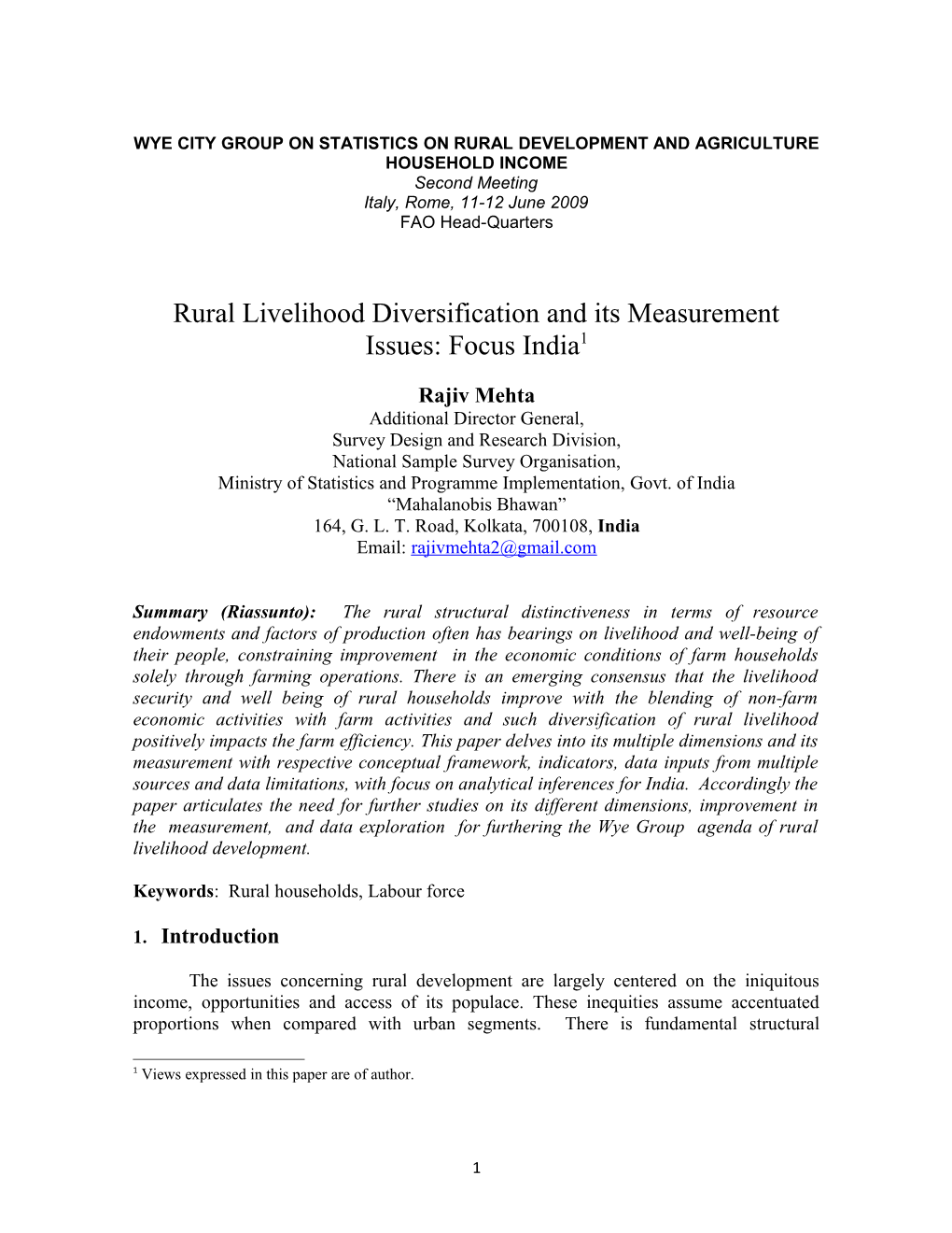 Rural Livelihood Diversification and Its Measurement Issues: Focus India