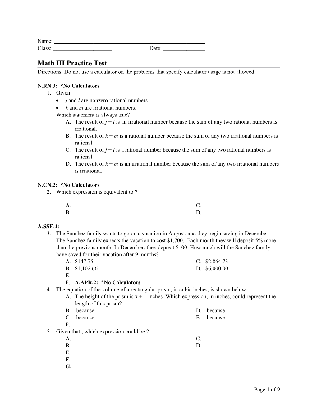 Math III Practice Test