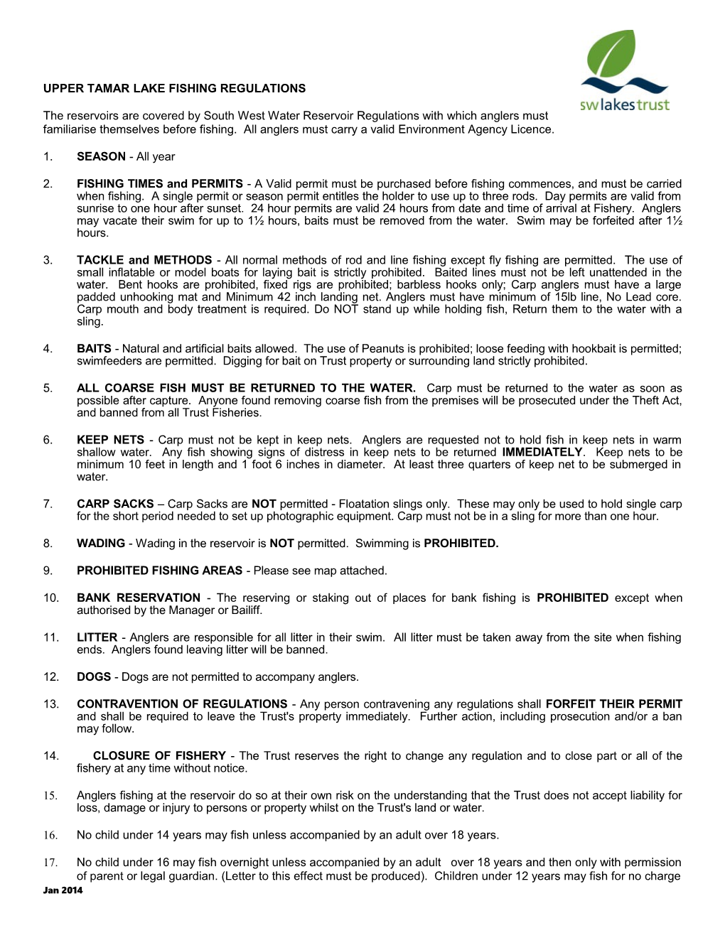 Upper Tamar Lake Fishing Regulations