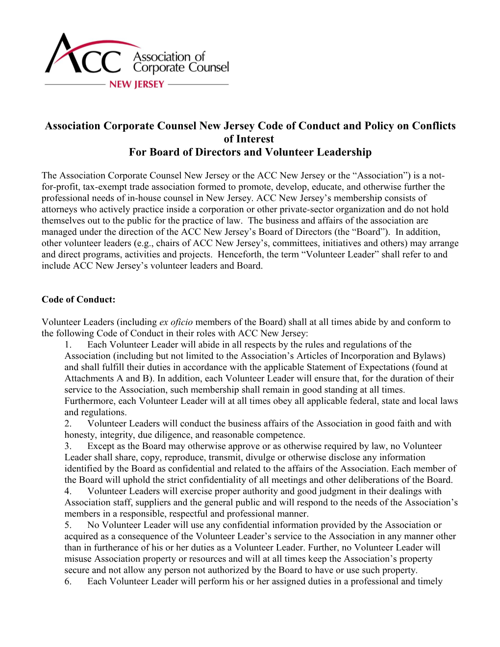 Association Corporate Counsel New Jersey Code of Conduct and Policy on Conflicts of Interest
