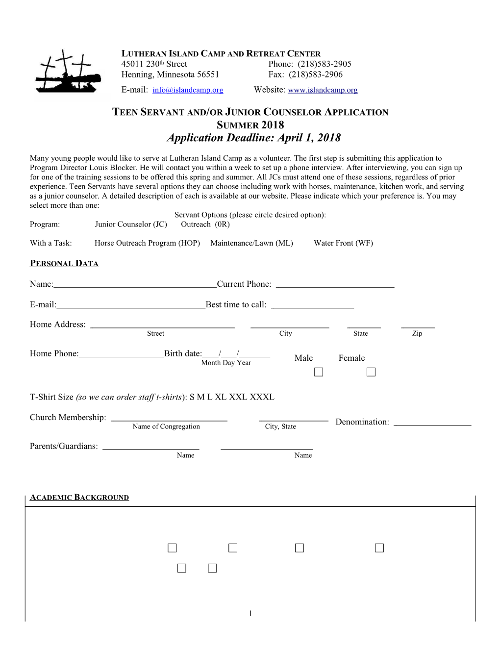 Teen Servant And/Or Junior Counselor Application Summer 2018