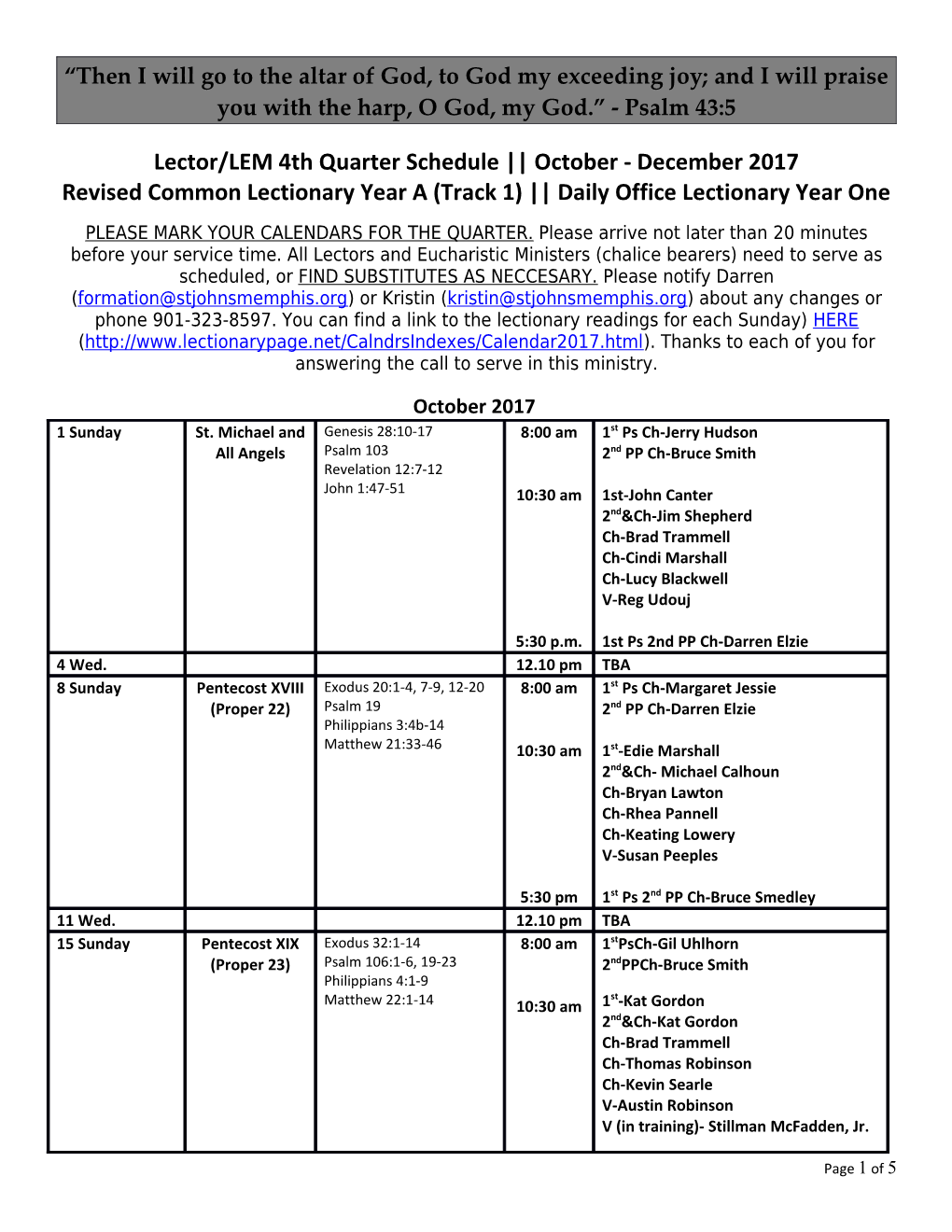 Lector/ LEM 2Nd Quarter Schedule: April- June