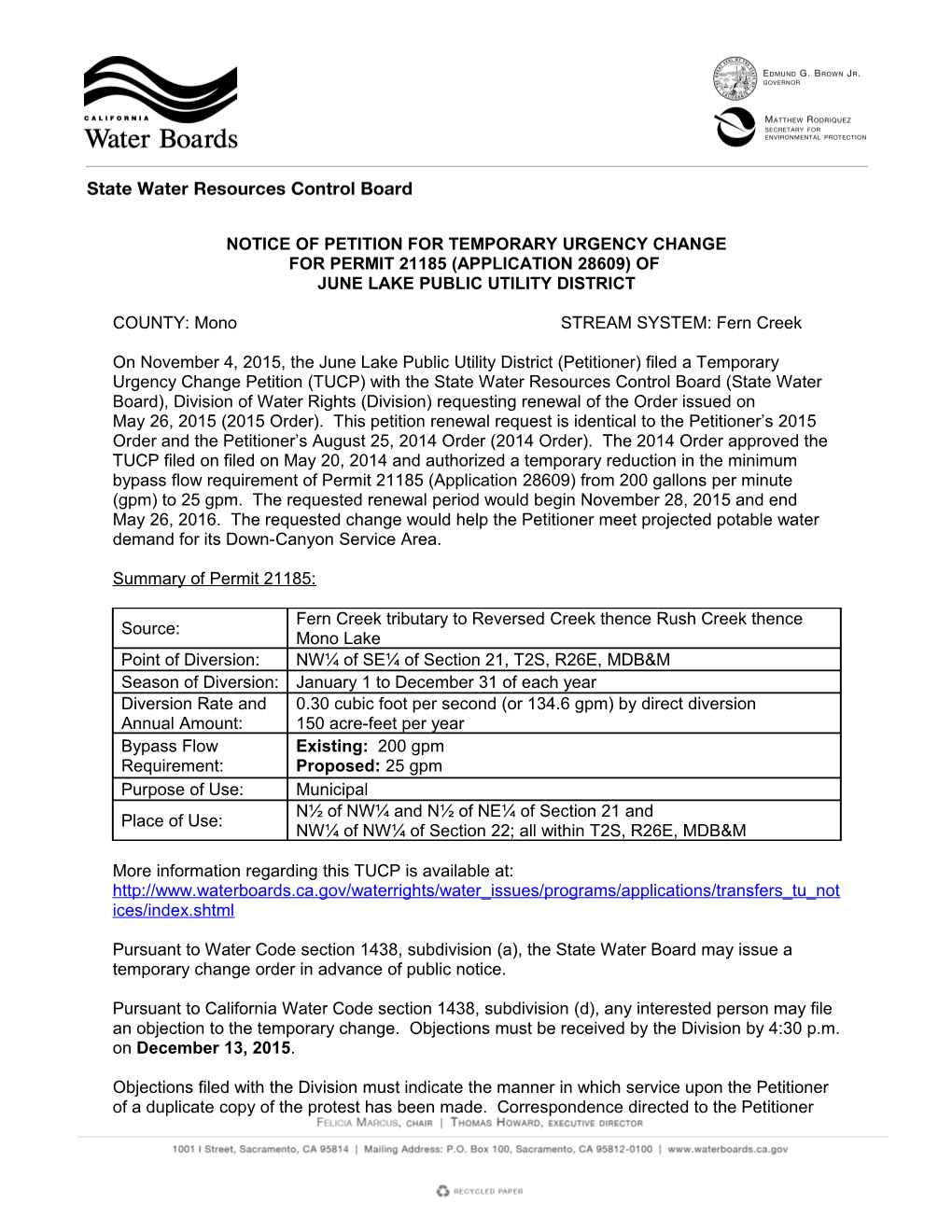 Notice of Petition for Temporary Urgency Change