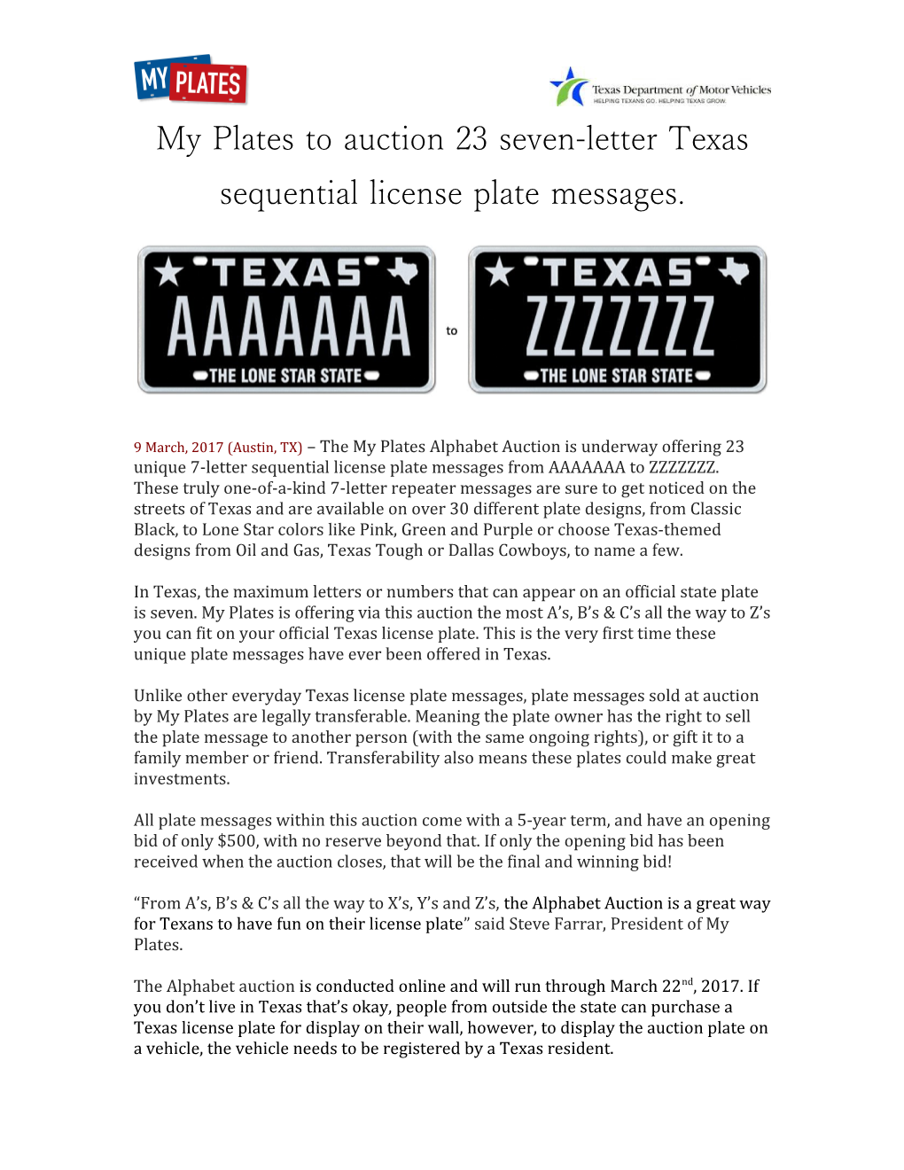 My Plates to Auction 23 Seven-Letter Texas Sequentiallicense Plate Messages