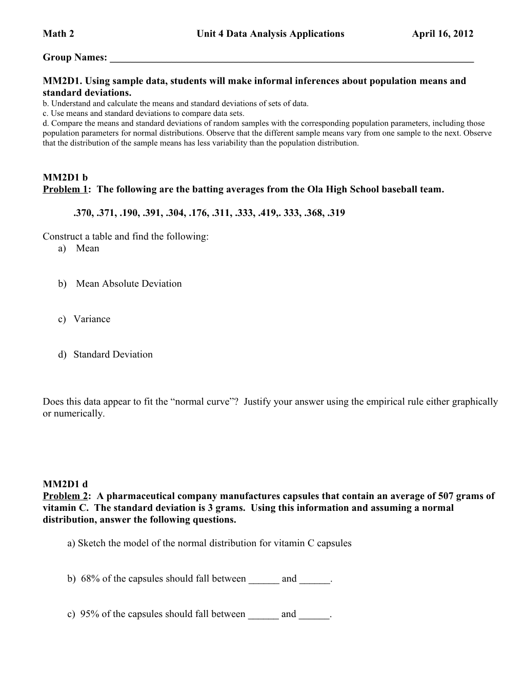 Math 2 Unit 4 Data Analysis Applicationsapril 16, 2012