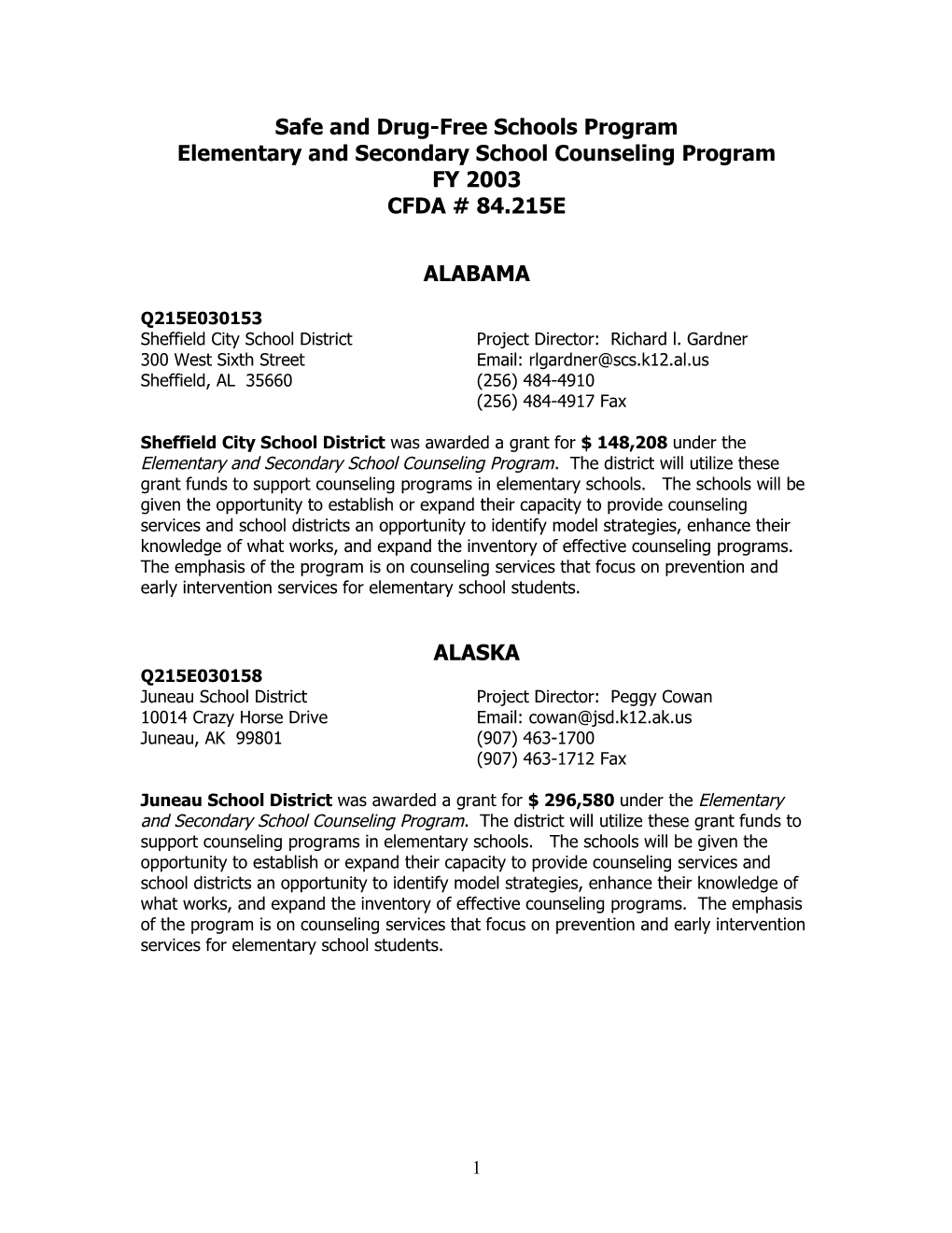 FY2003 Abstracts for the Elementary and Secondary School Counseling Program (MSWORD)