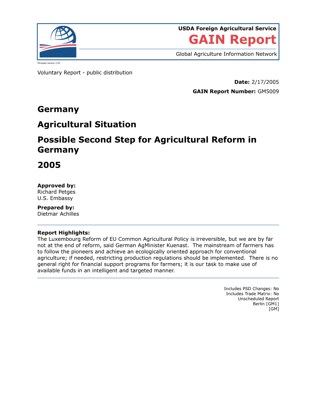 Possible Second Step for Agricultural Reform in Germany