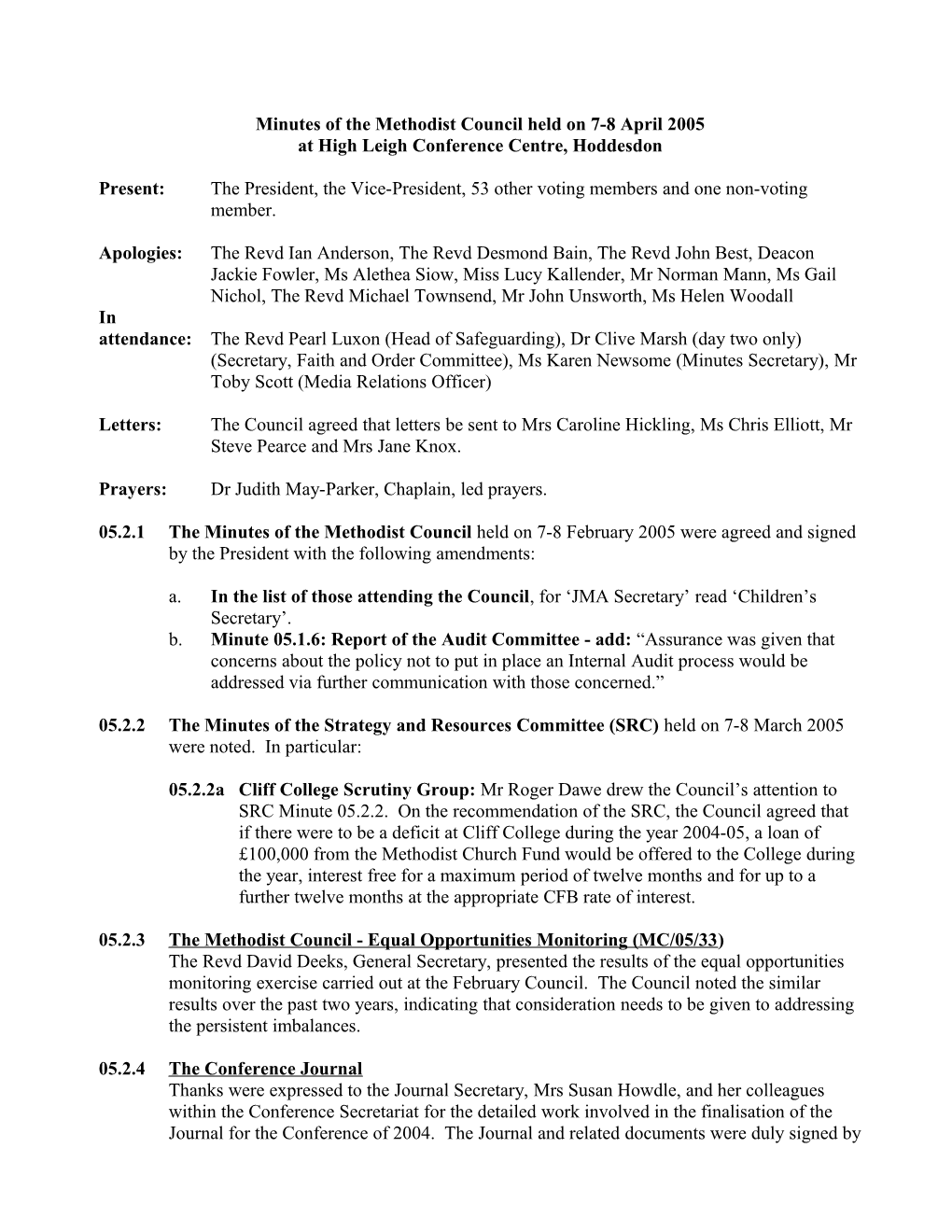 Minutes of the Methodist Council Held on 7-8 April 2005
